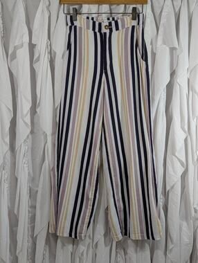 Hollister Linen Blend Striped High Rise Wide Leg Cropped Pants Women XS Blue